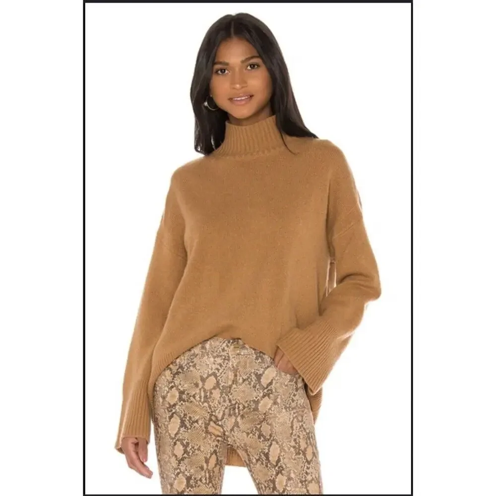 FRAME HIGH LOW SWEATER 100% CASHMERE LONG SLEEVED Mock Neck Tan Camel Brown